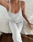 2 Pieces Outfit U-Neck Spaghetti Strap Cami Top and Elastic Waist Wide Leg Pants Set Casual Ribbed Set gray