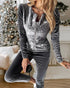 2 Pieces Outfit Contrast Sequin Ruched Long Sleeve Zip Up Coat and Elastic Waist Pants Set Casual Slim Fit Velvet Tracksuit gray