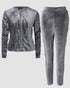 2 Pieces Outfit Contrast Sequin Ruched Long Sleeve Zip Up Coat and Elastic Waist Pants Set Casual Slim Fit Velvet Tracksuit gray