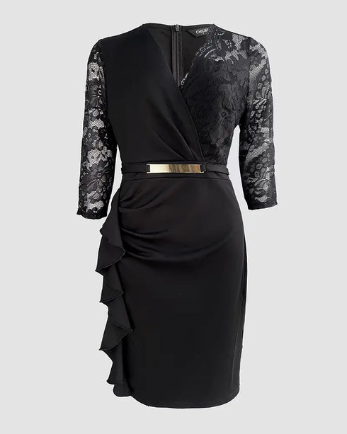 Metal Decor V-Neck Lace Spliced Three Quarters Sleeves Ruffles Design Evening Dress Zipper Back Slit Slim Fit Party Dress with Belt black