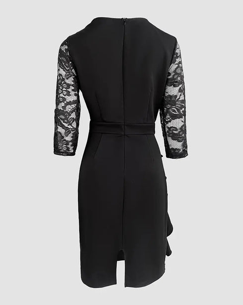 Metal Decor V-Neck Lace Spliced Three Quarters Sleeves Ruffles Design Evening Dress Zipper Back Slit Slim Fit Party Dress with Belt black