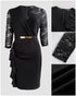 Metal Decor V-Neck Lace Spliced Three Quarters Sleeves Ruffles Design Evening Dress Zipper Back Slit Slim Fit Party Dress with Belt black