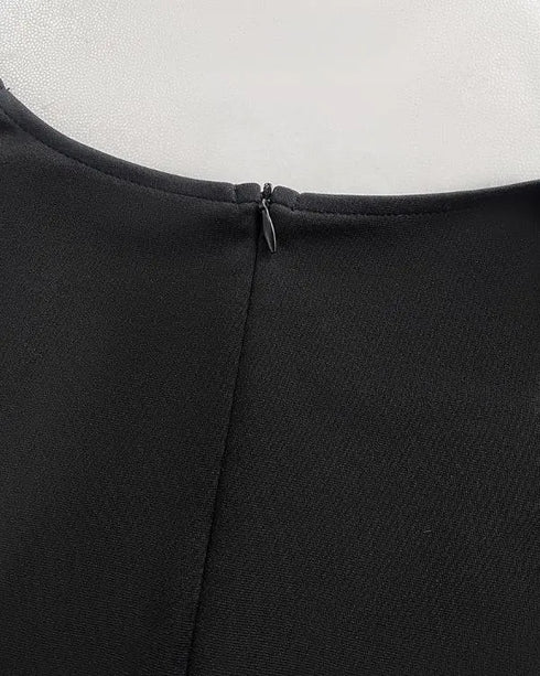 Metal Decor V-Neck Lace Spliced Three Quarters Sleeves Ruffles Design Evening Dress Zipper Back Slit Slim Fit Party Dress with Belt black