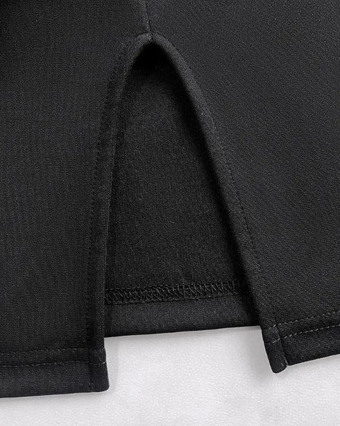 Metal Decor V-Neck Lace Spliced Three Quarters Sleeves Ruffles Design Evening Dress Zipper Back Slit Slim Fit Party Dress with Belt black