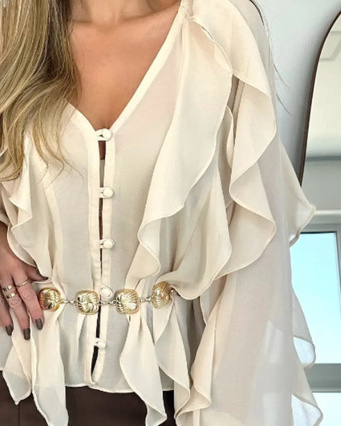 Ombre V Neck Shoulder Asymmetrical Ruffles Blouse Casual Button Front Long Sleeve Top Apricot
