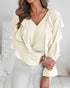 V Neck Shoulder Ruffles Design Blouse Casual Button Front Long Sleeve Top Apricot