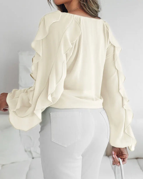 Ombre V Neck Shoulder Asymmetrical Ruffles Blouse Casual Button Front Long Sleeve Top Apricot