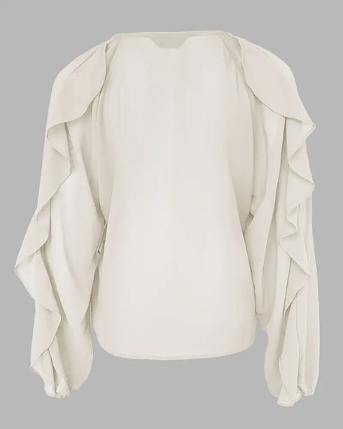 Ombre V Neck Shoulder Asymmetrical Ruffles Blouse Casual Button Front Long Sleeve Top Apricot