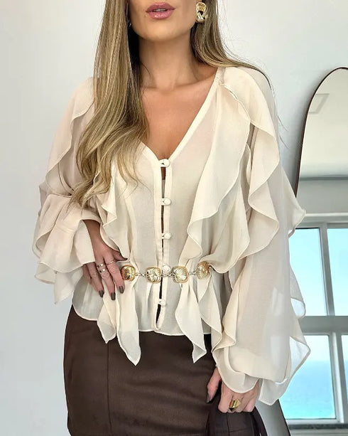 V Neck Shoulder Ruffles Design Blouse Casual Button Front Long Sleeve Top Apricot