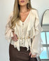 V Neck Shoulder Ruffles Design Blouse Casual Button Front Long Sleeve Top Apricot
