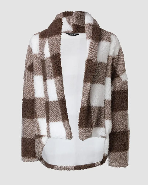 Plaid Pattern Oversized Fleece Jacket Teddy Bear Coat Open Front Batwing Sleeve Fuzzy Cardigan khaki