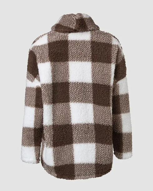 Plaid Pattern Oversized Fleece Jacket Teddy Bear Coat Open Front Batwing Sleeve Fuzzy Cardigan khaki