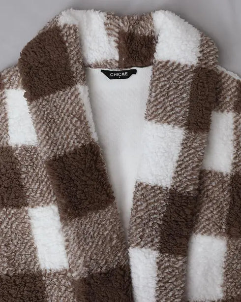 Plaid Pattern Oversized Fleece Jacket Teddy Bear Coat Open Front Batwing Sleeve Fuzzy Cardigan khaki