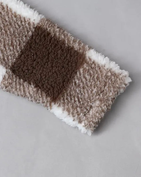 Plaid Pattern Oversized Fleece Jacket Teddy Bear Coat Open Front Batwing Sleeve Fuzzy Cardigan khaki