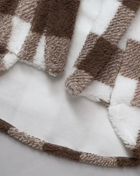 Plaid Pattern Oversized Fleece Jacket Teddy Bear Coat Open Front Batwing Sleeve Fuzzy Cardigan khaki