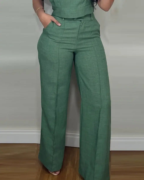 2 Pieces Outfit 3D Cutting Decor Design Cap Sleeve Hollow-out Back Crop Top and Casual Zipper Fly Seam Front Straight Pants Set green