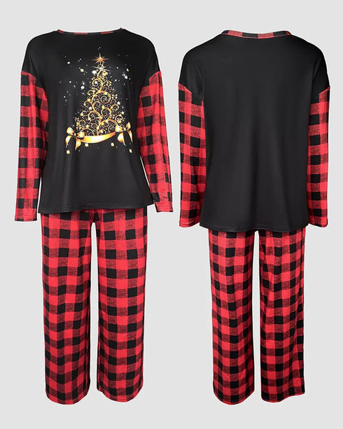 2 Pieces Outfit Letter and Heart Print Long Sleeve Top and Casual Plaid Pnats Sets with Pocket black