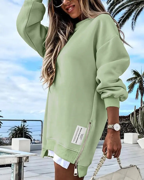 Long Sleeve Pocket Design Pullover Sweatshirt Casual Faux Two Piece Longline Drawstring Hooded Top light green