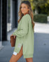 Letter Patch Detail Long Sleeve Drop Shoulder Pullover Sweatshirt Casual Zipper Side Slit Top light green