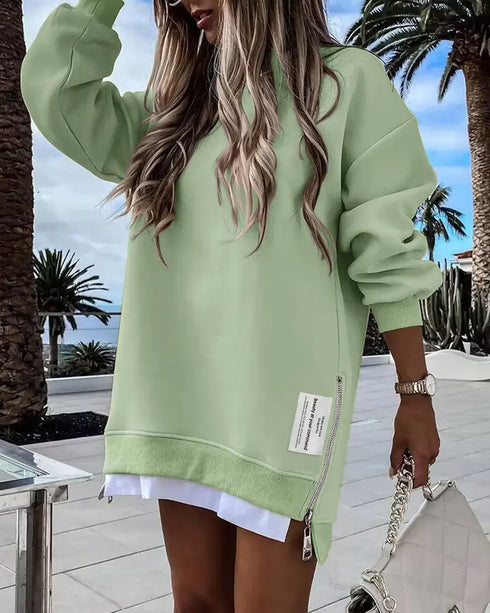 Long Sleeve Pocket Design Pullover Sweatshirt Casual Faux Two Piece Longline Drawstring Hooded Top light green