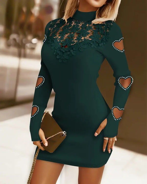 Guipure Lace Appliques Mock Neck Pearls Decor Hollow Heart Long Sleeve Bodycon Dress Hollow-out Back Party Dress green