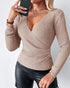 Overlap V-Neck Ruched Side Button Decor Knit Sweater Slim Fit Ribbed Pullover Top khaki
