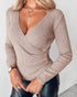 Overlap V-Neck Ruched Side Button Decor Knit Sweater Slim Fit Ribbed Pullover Top khaki
