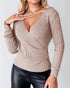 Overlap V-Neck Ruched Side Button Decor Knit Sweater Slim Fit Ribbed Pullover Top khaki