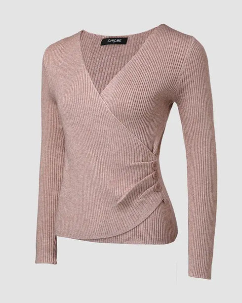 Overlap V-Neck Ruched Side Button Decor Knit Sweater Slim Fit Ribbed Pullover Top khaki