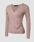 Overlap V-Neck Ruched Side Button Decor Knit Sweater Slim Fit Ribbed Pullover Top khaki