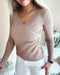 Overlap V-Neck Ruched Side Button Decor Knit Sweater Slim Fit Ribbed Pullover Top khaki
