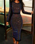 Holographic Metallic Silver Long Sleeve Dress Crewneck Neck Bodycon Dresses Evening Gown Club Night Outfit black