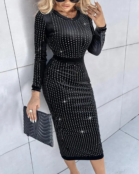 Holographic Metallic Silver Long Sleeve Dress Crewneck Neck Bodycon Dresses Evening Gown Club Night Outfit black