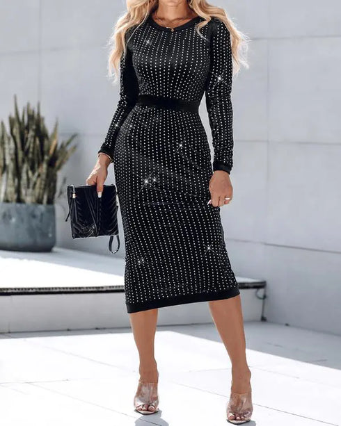 Holographic Metallic Silver Long Sleeve Dress Crewneck Neck Bodycon Dresses Evening Gown Club Night Outfit black