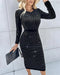 Holographic Metallic Silver Long Sleeve Dress Crewneck Neck Bodycon Dresses Evening Gown Club Night Outfit black