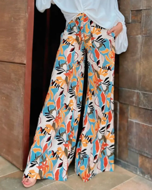 2 Pieces Outfits Cold Shoulder Batwing Sleeve Top amd Casual Floral Print Pocket Design Wide Leg Pants Set Multicolor