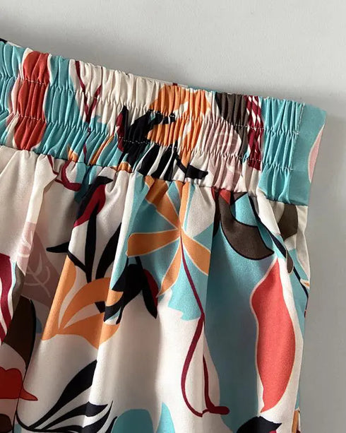 2 Pieces Outfits Cold Shoulder Batwing Sleeve Top amd Casual Floral Print Pocket Design Wide Leg Pants Set Multicolor