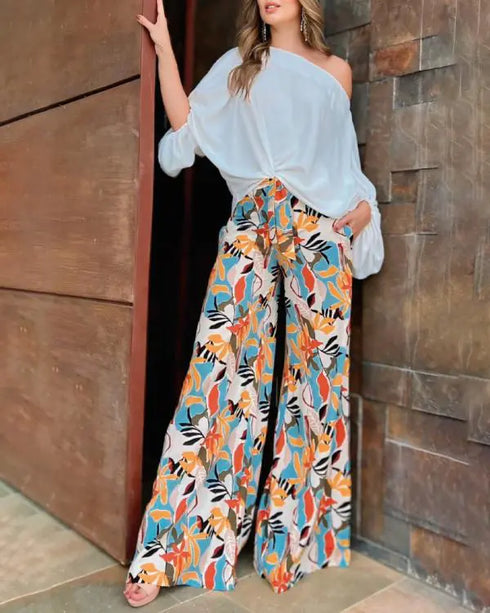 2 Pieces Outfits Cold Shoulder Batwing Sleeve Top amd Casual Floral Print Pocket Design Wide Leg Pants Set Multicolor