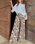 2 Pieces Outfits Cold Shoulder Batwing Sleeve Top amd Casual Floral Print Pocket Design Wide Leg Pants Set Multicolor