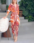 Floral Print Deep V-Neck Gigot Sleeve Party Dress Front Slit Ruched Cinched Waist Vacation Dress orange