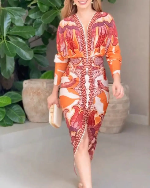 Tropical Print Deep V Neck Ruched Waist-Gathered Dress Front Slit Slim Fit Vacation Dress orange