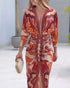 Tropical Print Deep V Neck Ruched Waist-Gathered Dress Front Slit Slim Fit Vacation Dress orange