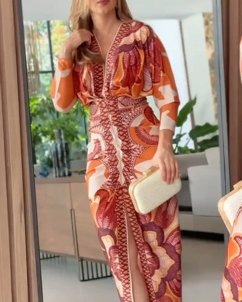 Vintage Baroque Deep V Neck Long Sleeve Slit Bodycon Dress Casual Ruched Slim Fit Vacation Dress orange