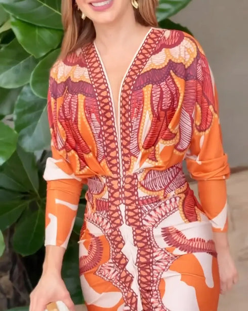 Tropical Print Deep V Neck Ruched Waist-Gathered Dress Front Slit Slim Fit Vacation Dress orange