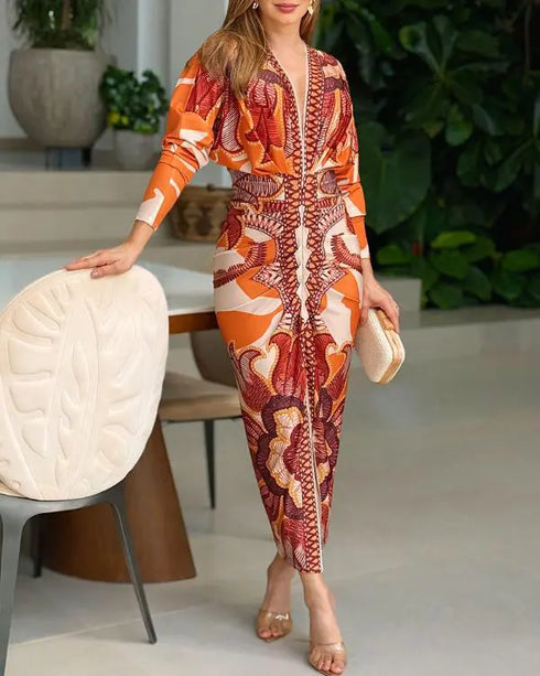 Vintage Baroque Deep V Neck Long Sleeve Slit Bodycon Dress Casual Ruched Slim Fit Vacation Dress orange