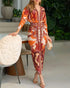 Vintage Baroque Deep V Neck Long Sleeve Slit Bodycon Dress Casual Ruched Slim Fit Vacation Dress orange