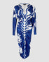 Tropical Print Deep V Neck Ruched Waist-Gathered Dress Front Slit Slim Fit Vacation Dress blue