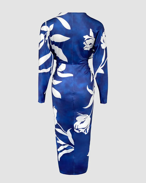 Vintage Baroque Deep V Neck Long Sleeve Slit Bodycon Dress Casual Ruched Slim Fit Vacation Dress blue