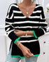 Striped V-Neck Long Sleeve Side Slit Knit Sweater black