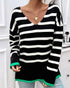 Striped V-Neck Long Sleeve Side Slit Knit Sweater black